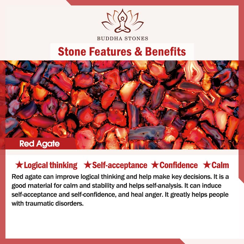 Red agate stone benefits card showing confidence calm and logical thinking properties for crystal healing