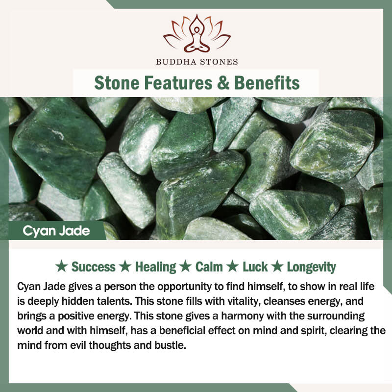 Green jade stone benefits card showing prosperity healing harmony luck longevity attributes