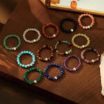 Multi-stone healing crystal elastic beads bracelets assorted colors overhead view
