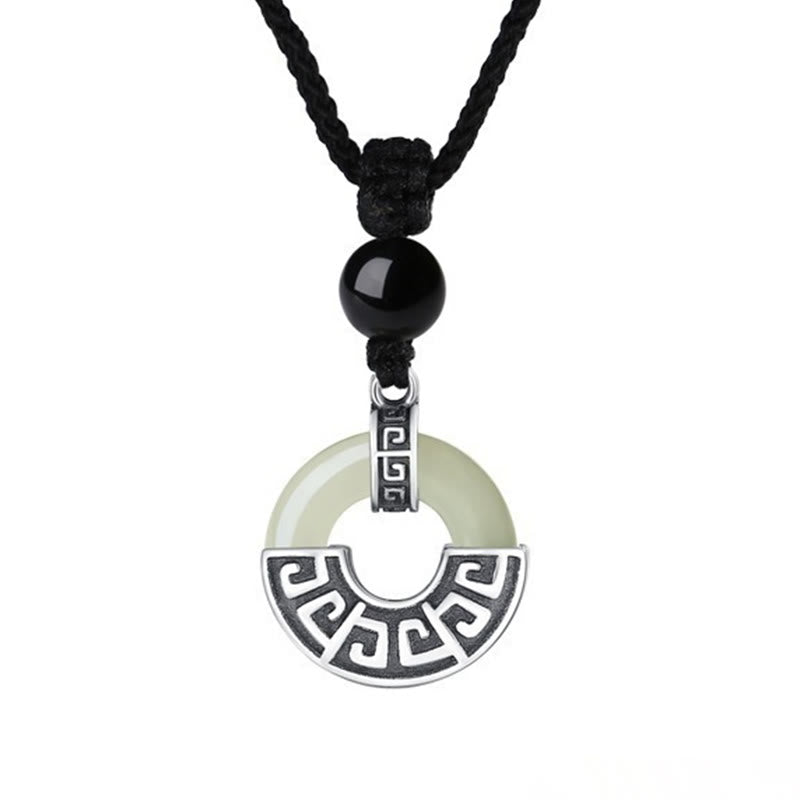Hetian jade peace buckle prosperity necklace pendant in sterling silver with natural light green jade and protective obsidian stone