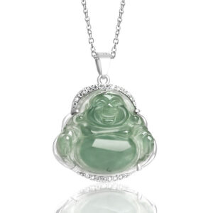 Laughing Buddha Maitreya jade necklace pendant top-down view showing zircon studded border detail