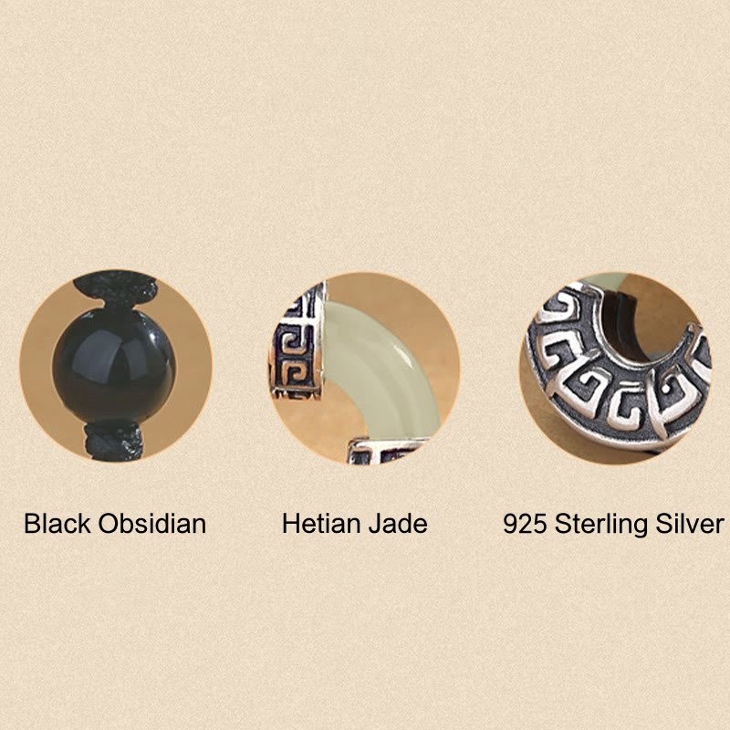 Hetian jade peace buckle necklace materials showcase highlighting black obsidian bead, authentic Hetian jade, and 925 sterling silver components