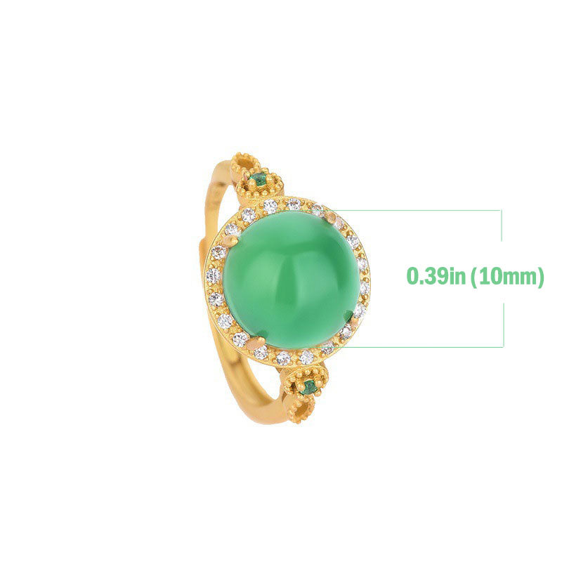 Green jade 10mm stone fortune ring with size reference neutral background