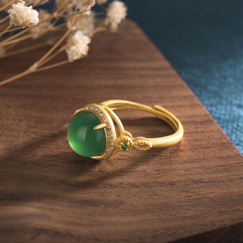 Green jade prosperity ring open band side profile with stone setting
