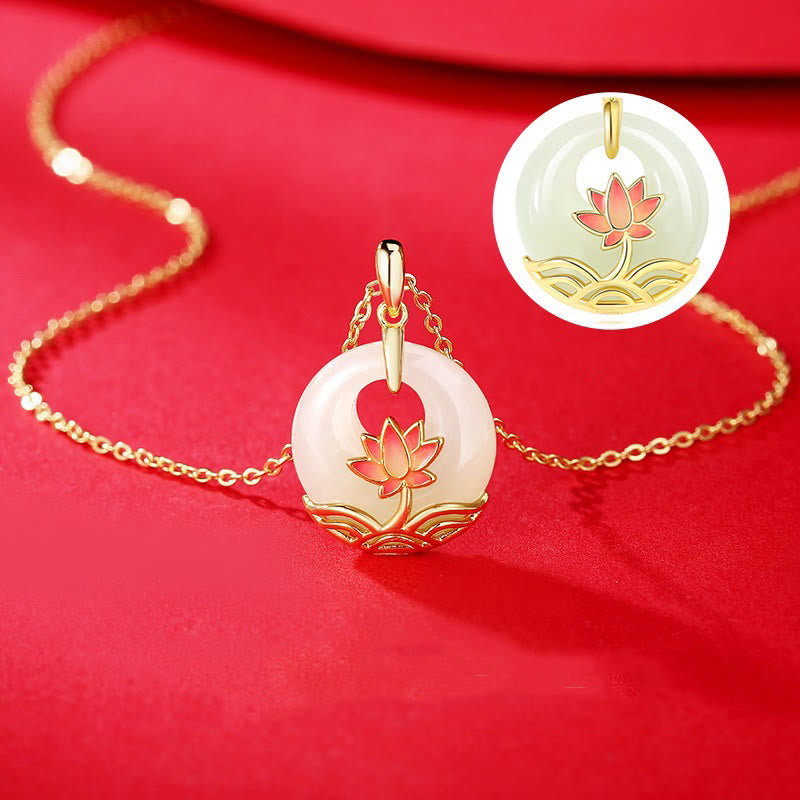 Hetian white jade lotus pendant necklace flat lay composition with small pendant preview inset showing complete lotus-jade design motif