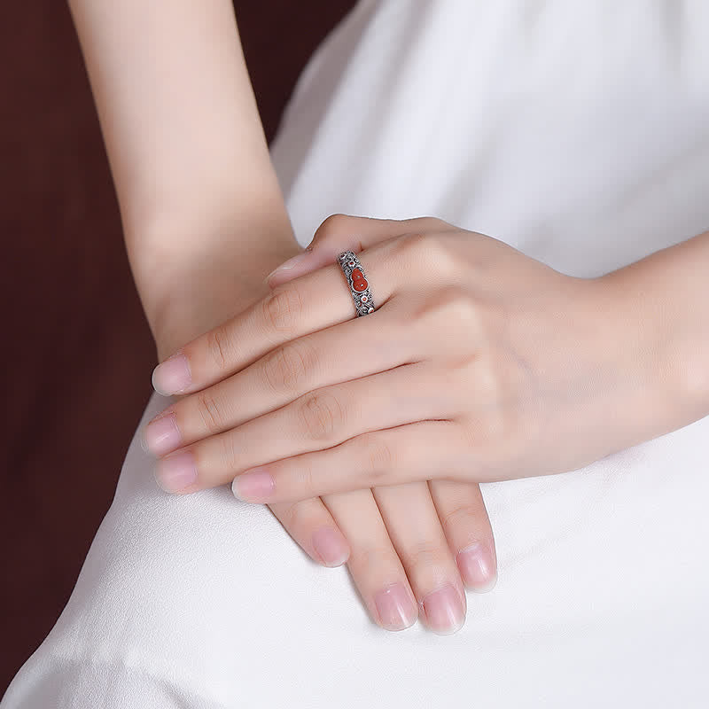 Sterling silver red agate gourd ring being worn on hand showing real-life wearing effect and fit