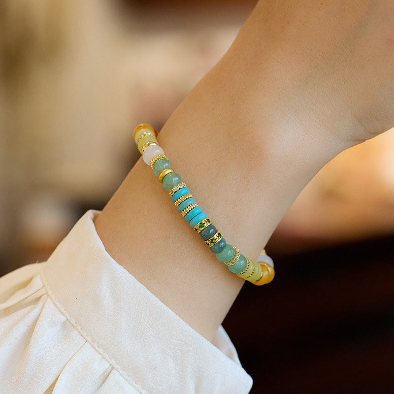 Rainbow jade confidence bracelet worn on wrist alternate angle showing bracelet design and stone arrangement