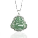 Laughing Buddha jade pendant necklace front view with zircon frame and titanium steel chain on white background