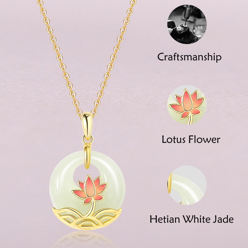 Hetian white jade lotus necklace informational product shot with descriptive callouts showing craft technique, lotus symbolism, and jade benefits on neutral background