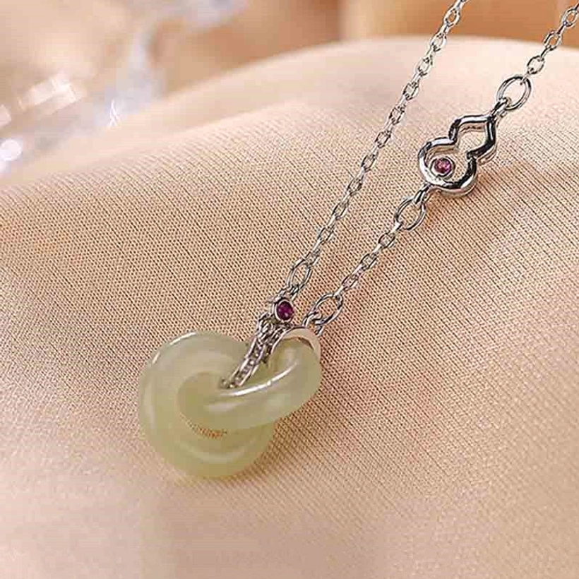 925 sterling silver double jade hoop necklace with interlocking circles and protective energy