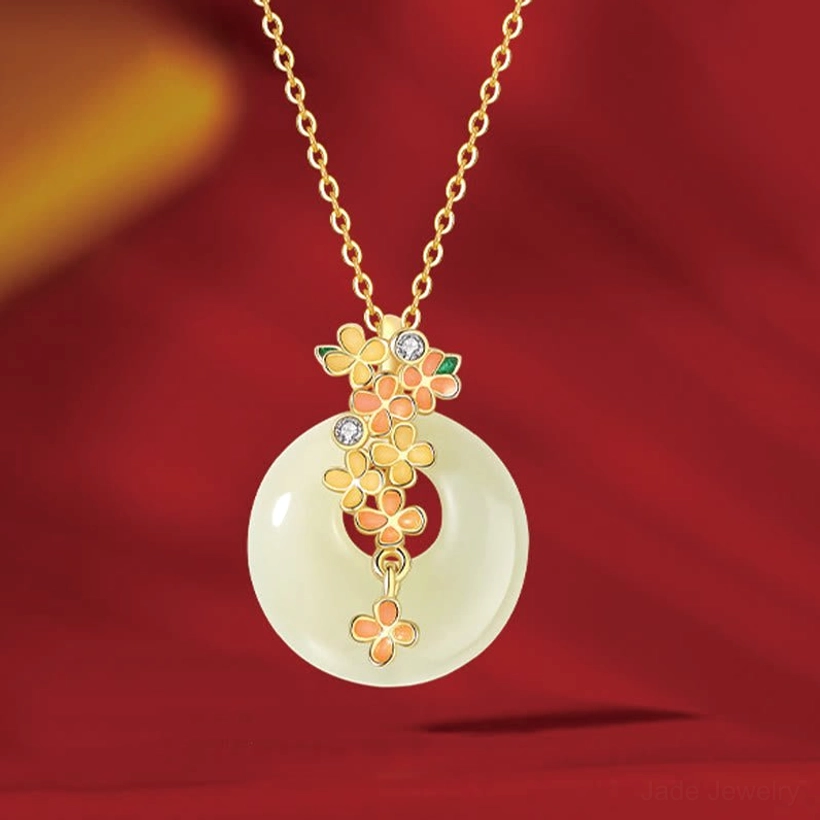 925 sterling silver hetian jade necklace with osmanthus flower pendant - elegant adjustable chain