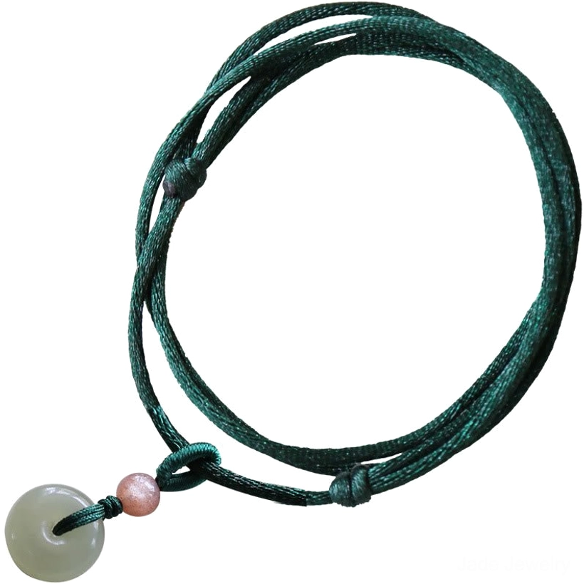 Adjustable jade pendant bracelet-necklace with woven dark green cord and light green jade buckle