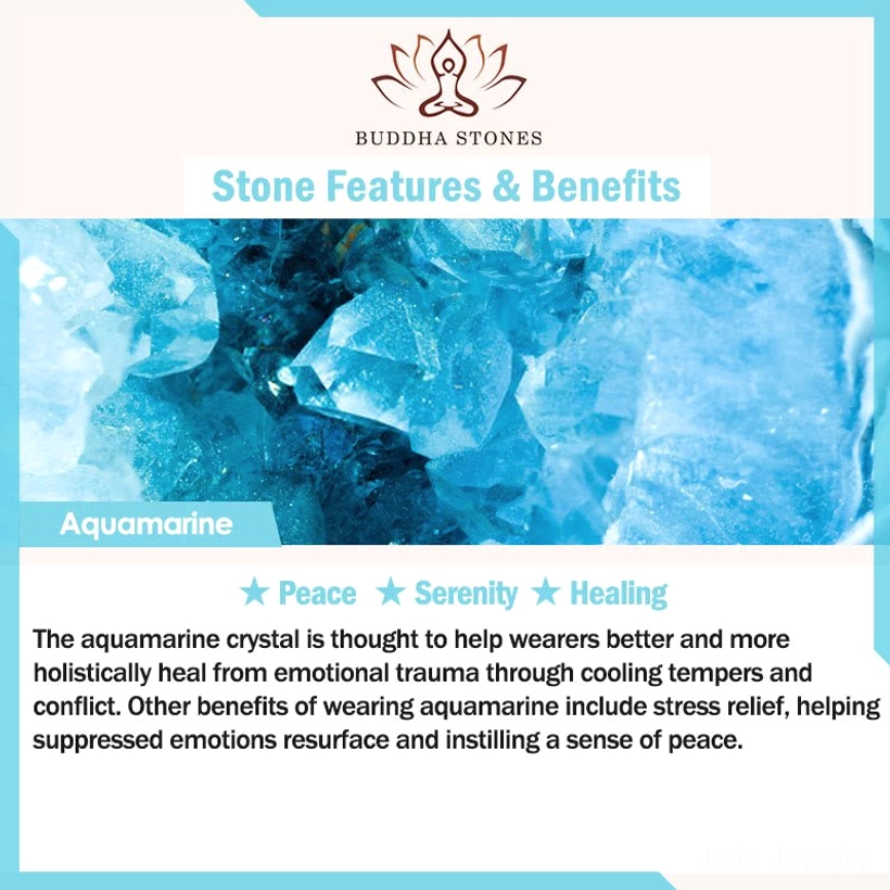Aquamarine crystal cluster card introducing peace, serenity and healing properties for jade bracelet