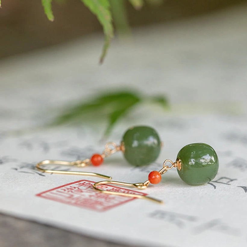 Authentic hetian jade drop earrings with traditional red agate design natural stone jewelry