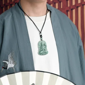Woman wearing four-armed Avalokitesvara jade necklace on traditional Chinese background with meditation aesthetic