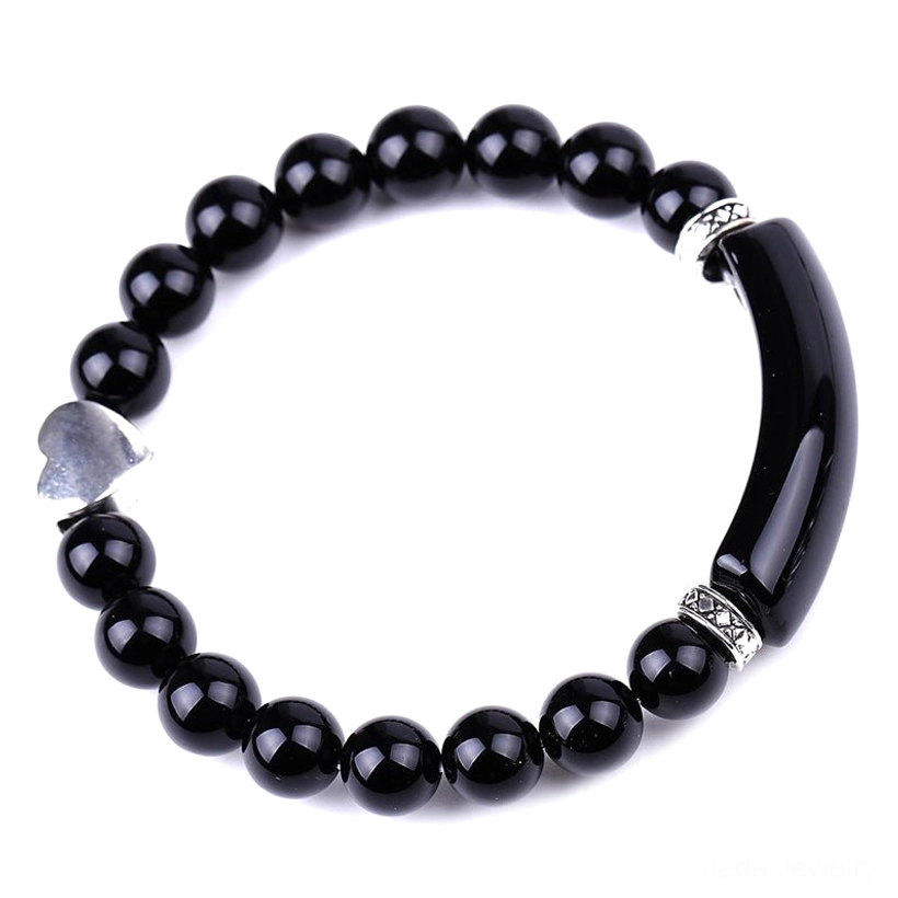 Black agate beaded bracelet with smooth polished stones and elegant heart charm
