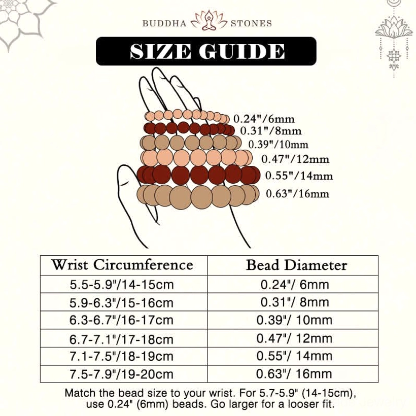Bracelet size reference guide showing wrist circumference 16-17cm and 10mm bead diameter with hand illustration