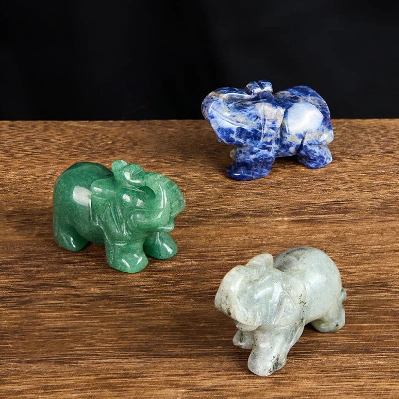 Carved elephant stone figure handmade with authentic crystal healing properties