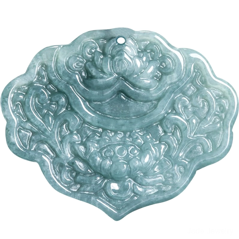 Celadon jade lotus pendant necklace close-up showing hand-carved details and brown cord