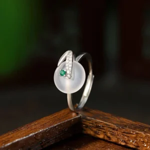 Chalcedony bamboo leaf adjustable ring side angle showing delicate silver leaf design and gemstone details