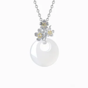 Cherry blossom chalcedony pendant necklace with silver flower bail and delicate cable chain, front view