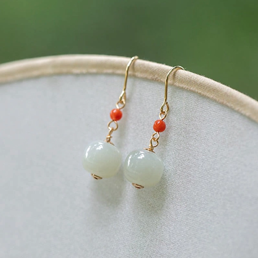 Chinese jade drop dangle earrings featuring red agate accents with gold-plated ear hooks elegant design