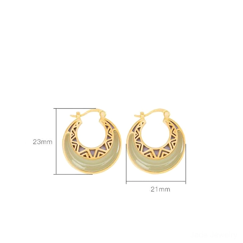 Technical product schematic and dimension drawing of crescent moon jade earrings showing 23mm x 21mm size specifications on white background
