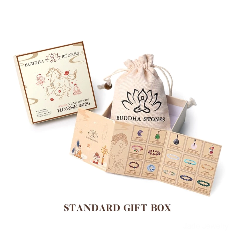 Buddha Stones crystal elephant gift set with branded drawstring bag product brochure and packaging
