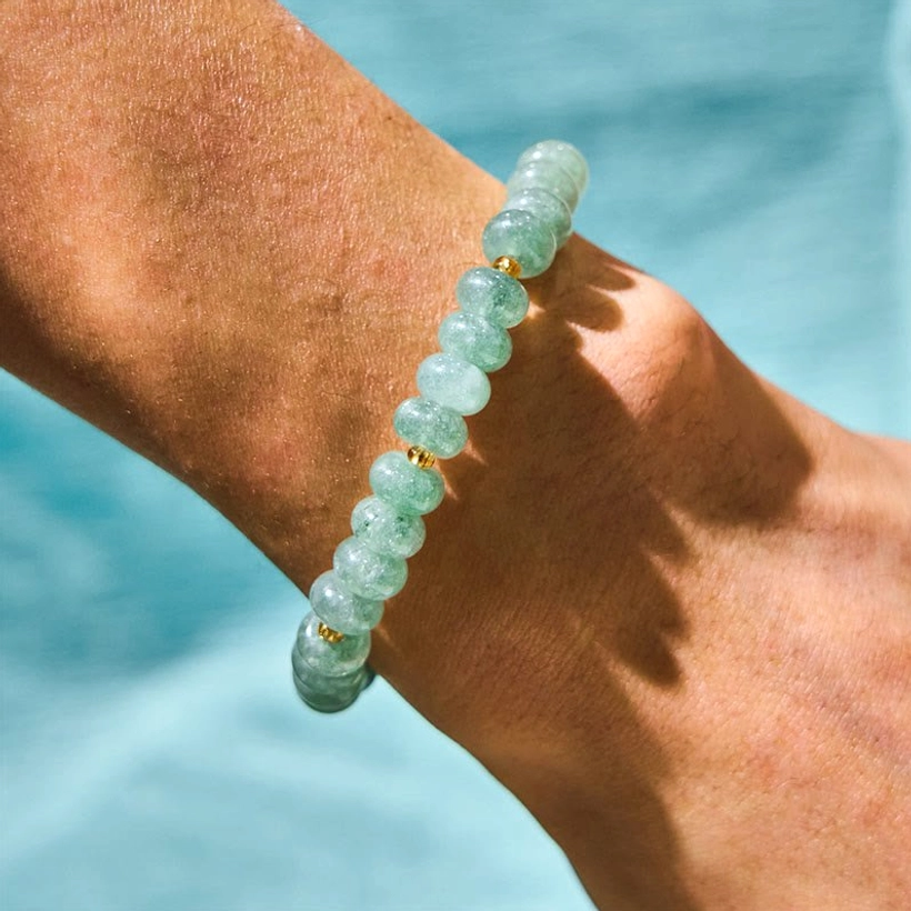 Cyan Jade Beaded Bracelet Detail - Green Stone Beads and Lucky Cat Charm Close-Up