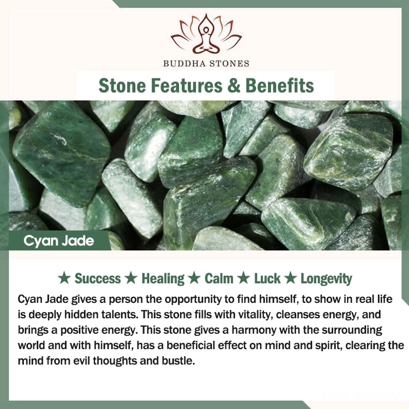 Cyan jade stone properties and benefits card featuring healing, luck, longevity, and harmony symbolism
