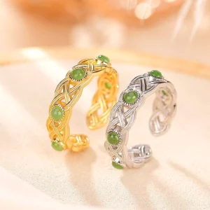 Cyan jade braided sterling silver adjustable ring in gold and silver plating - flat lay top view