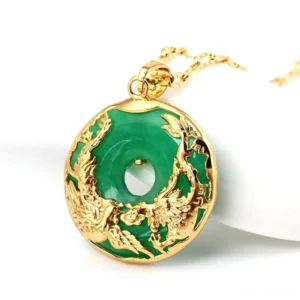 Cyan jade dragon phoenix pendant necklace with gold embossed details, three-quarter view on white background