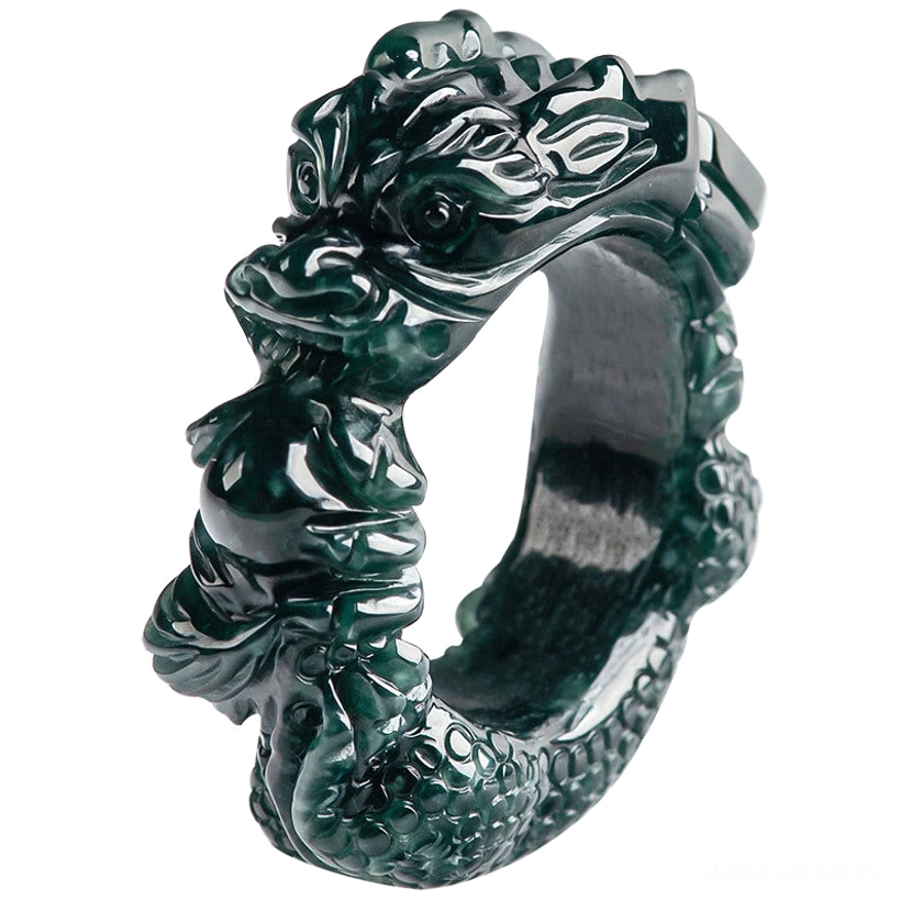Cyan jade dragon power ring showcasing authentic natural stone material and handcrafted carving artistry