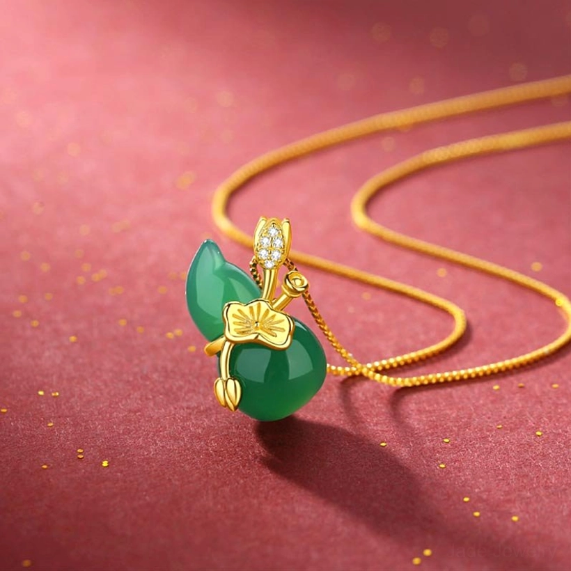 Alternative view of cyan jade gourd pendant necklace with gold lotus ornament and delicate gold chain, showcasing stone detail