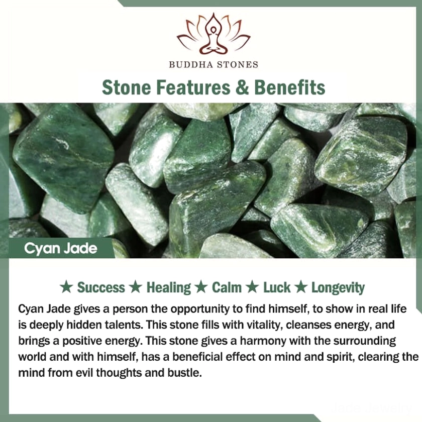 Cyan jade healing stone benefits card - traditional properties for success prosperity harmony calm and positive energy