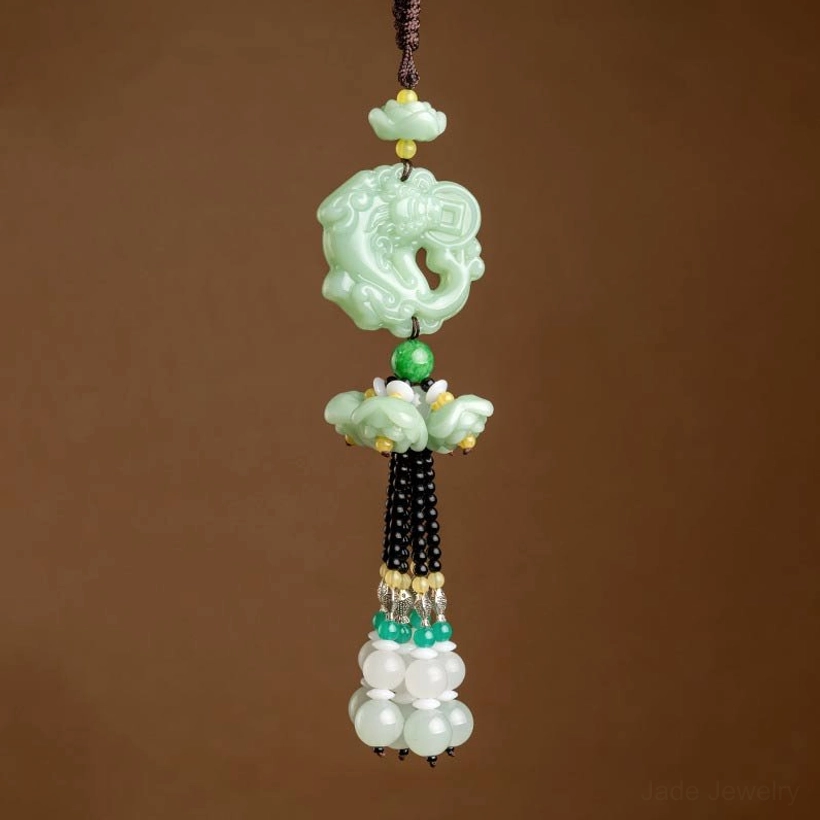 Cyan jade Pixiu car pendant hanging ornament with carved green Pixiu charm and multi-bead tassel, front view