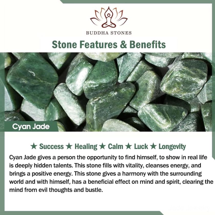 Cyan jade stone properties infographic featuring natural green jade samples and detailed benefits text about healing, harmony, and spiritual energy