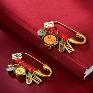 Multiple handcrafted jade peace brooches displayed with lion dance and protective charm details