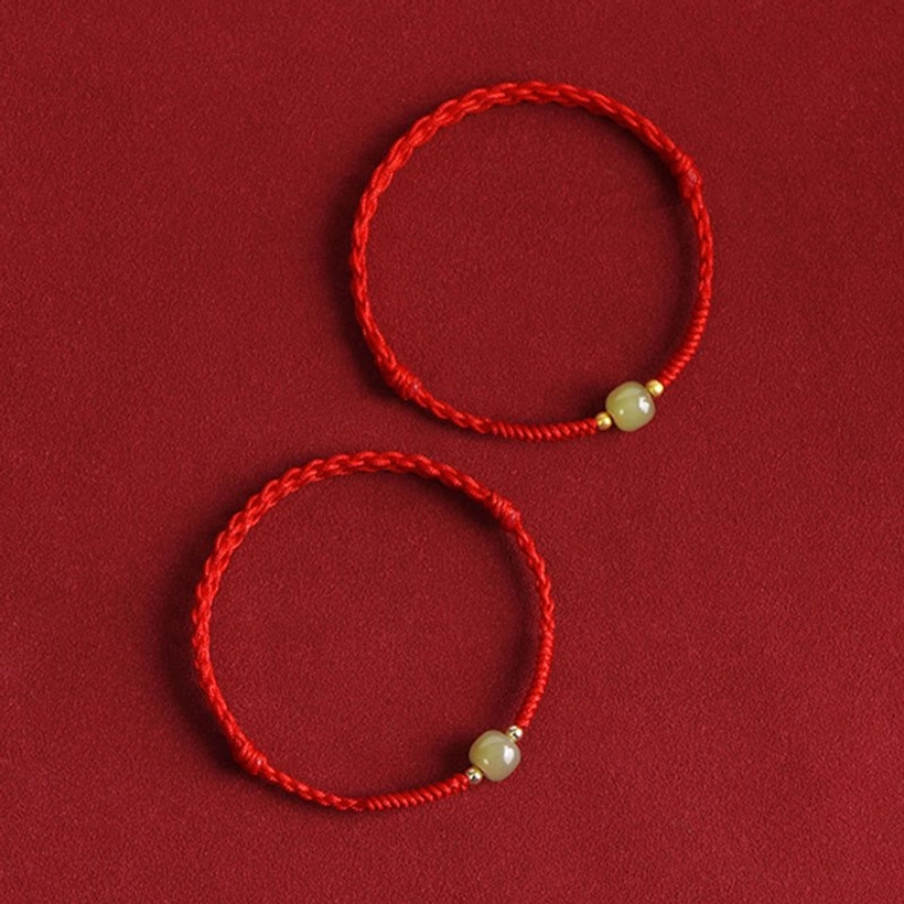 Dark red braided cord Hetian jade gold accent beads bracelet