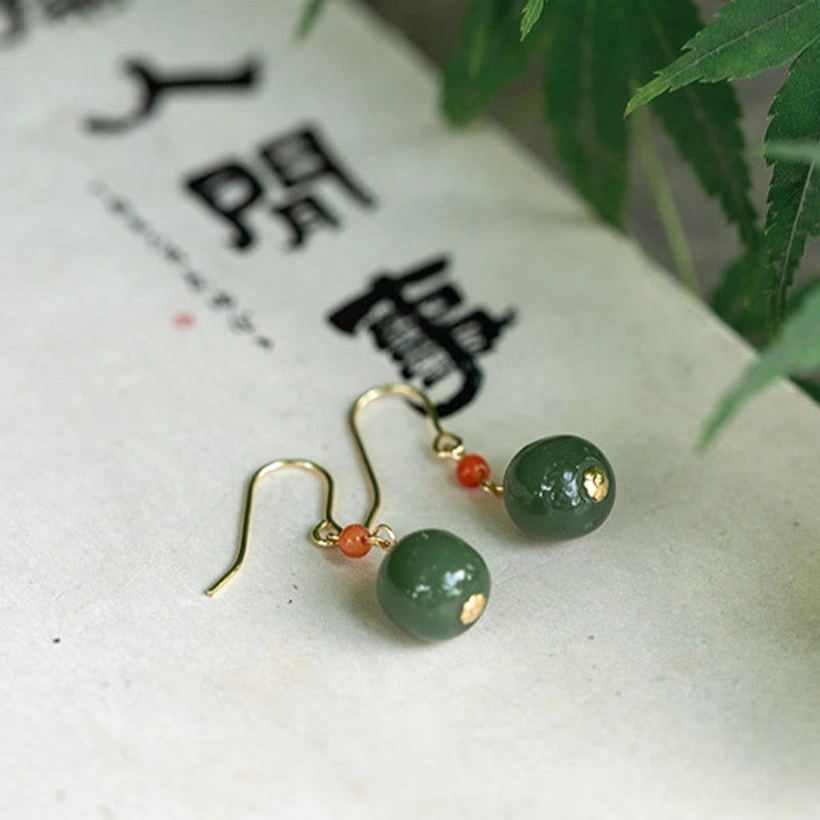 Deep green jade drop earrings with red agate beads 14K gold plated premium quality