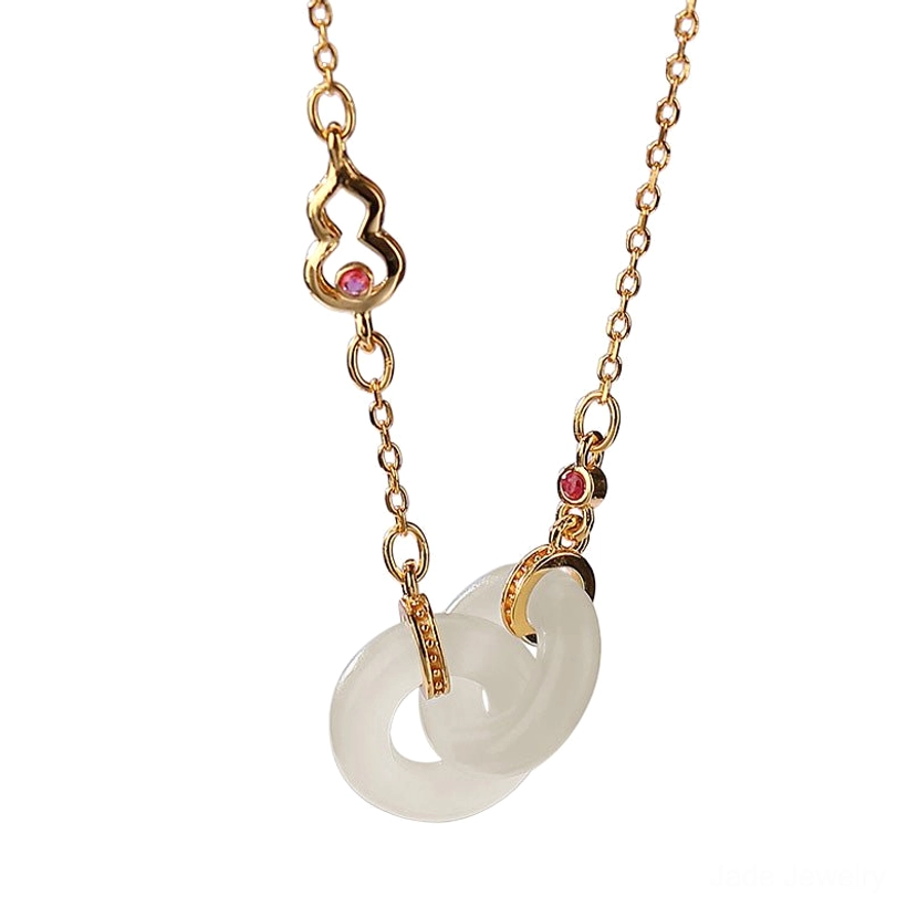 Full front view double jade hoop pendant with 925 sterling silver gold chain and red gem gourd