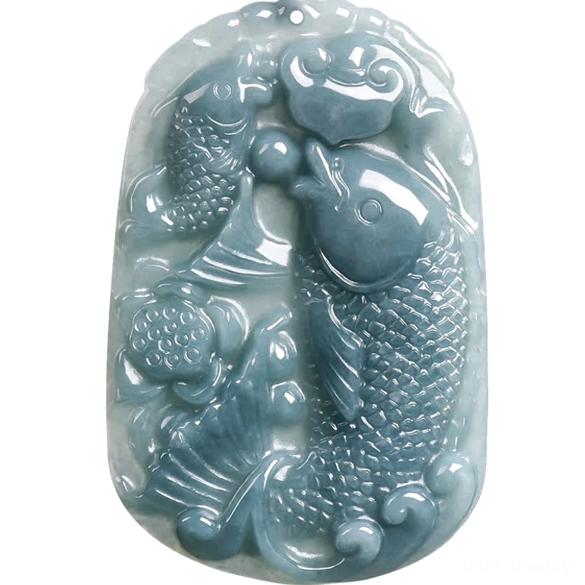 Complete handmade double koi fish jade pendant necklace featuring intricate traditional carving on natural blue jade stone with full beaded rope cord for prosperity and protection