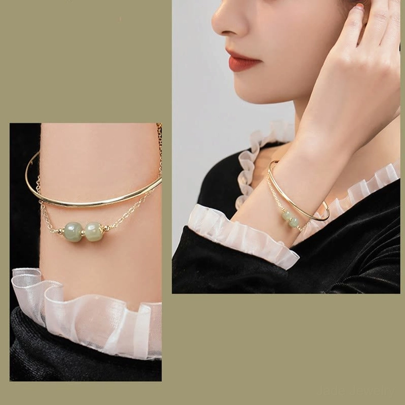 Double layer jade bangle bracelet showing natural hetian jade stone authenticity with warm gold tone finish