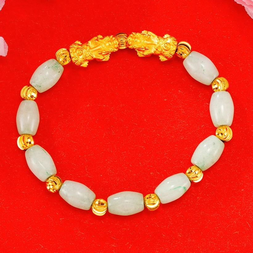 Gold-plated double Pixiu white jade oval bead bracelet top-down view, premium jade gemstones with protective Pixiu charms