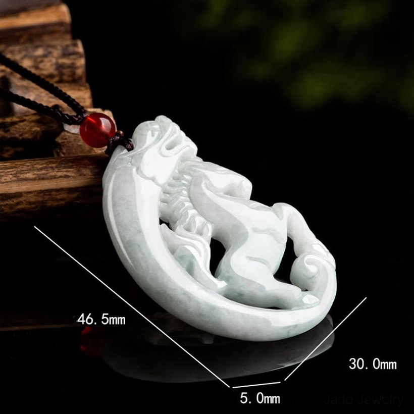 Dragon horse jade pendant with dimension markers 46.5mm x 30.0mm x 5.0mm showing precise measurements and carving quality