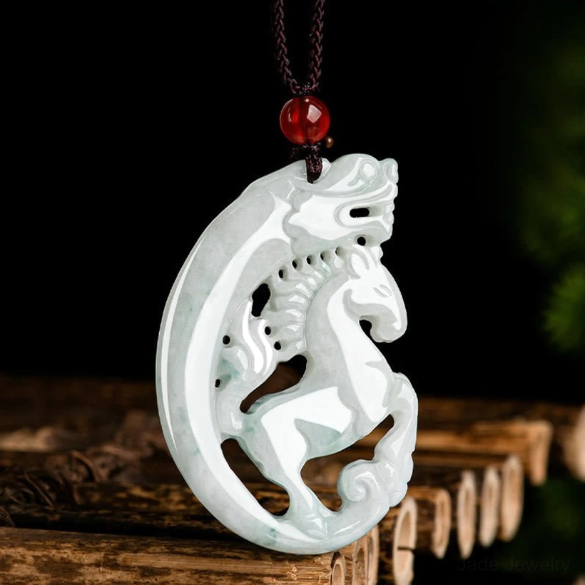 Side profile of hand-carved dragon horse jade pendant showing curved design and natural jade texture with brown rope