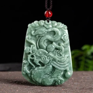 Chinese zodiac dragon jade pendant necklace front view with red glass bead on dark cord, displayed on green plant background