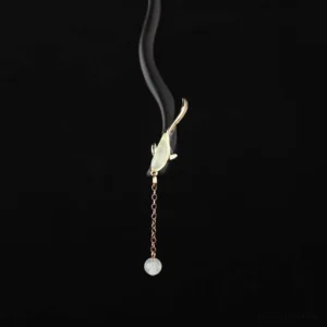 Ebony Hetian jade fish blessing hairpin top view with jade charm and dangling bead