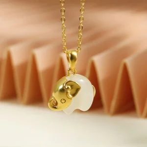 Elephant Hetian jade pendant necklace with 925 sterling silver chain, elegant top-down close-up view