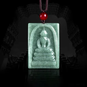 Formless Buddha jade square pendant hanging necklace with red bead and brown cord on dark background